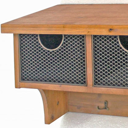 Brown Rustic Wooden Wall Shelf With 3 Drawers And Hooks