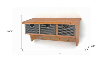 Brown Rustic Wooden Wall Shelf With 3 Drawers And Hooks