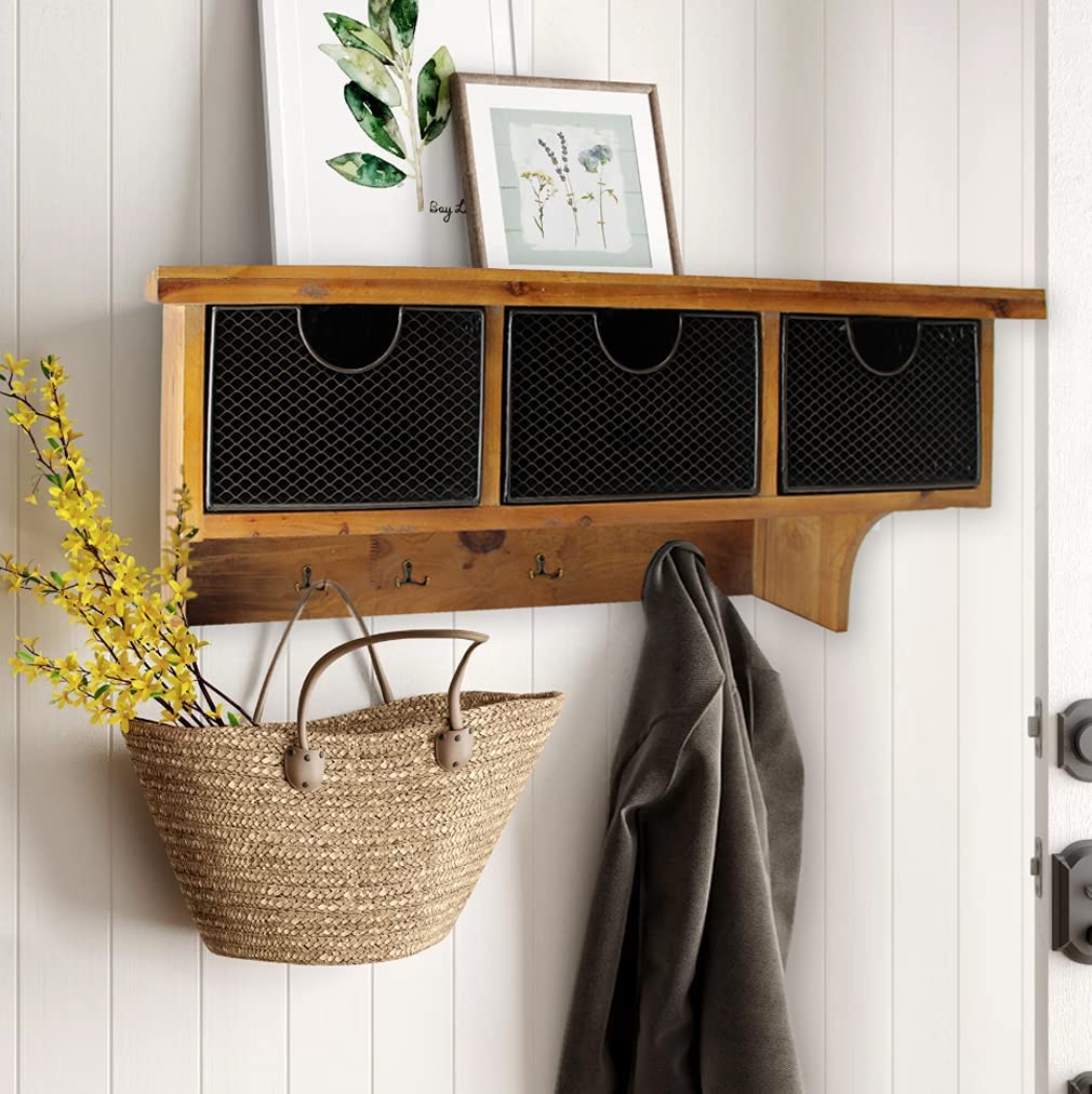 Brown Rustic Wooden Wall Shelf With 3 Drawers And Hooks