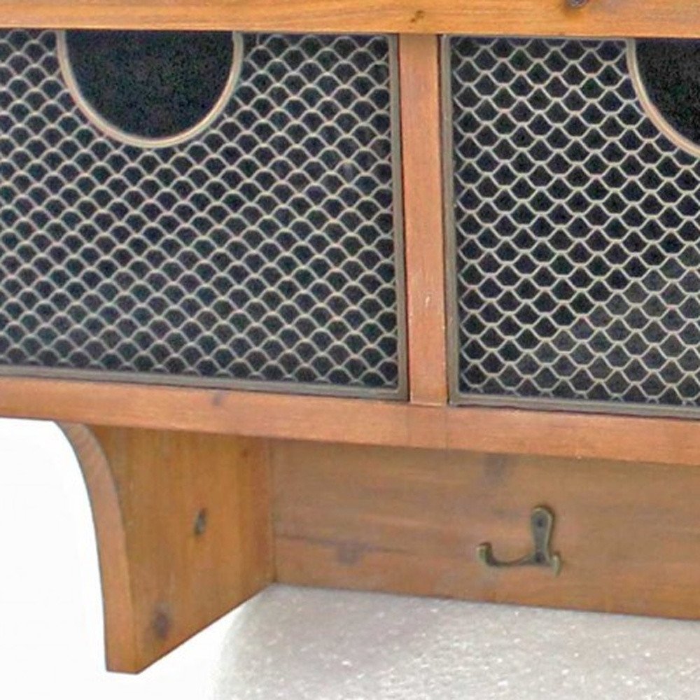 Brown Rustic Wooden Wall Shelf With 3 Drawers And Hooks