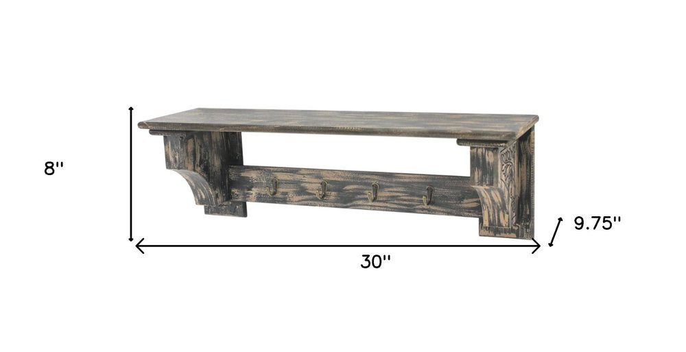 30" Black Distressed Wood Four Hook Wall Mounted Hanging Coat Rack