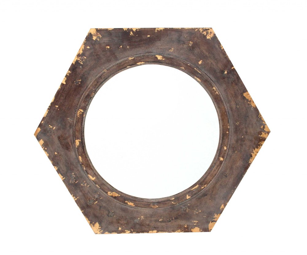 24" Bronze Hexagon Distressed Wood Framed Accent Mirror