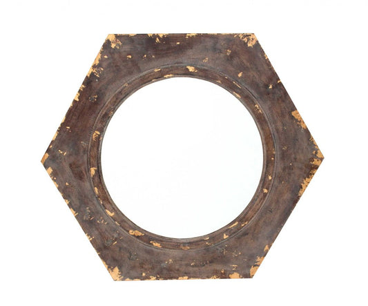 24" Bronze Hexagon Distressed Wood Framed Accent Mirror