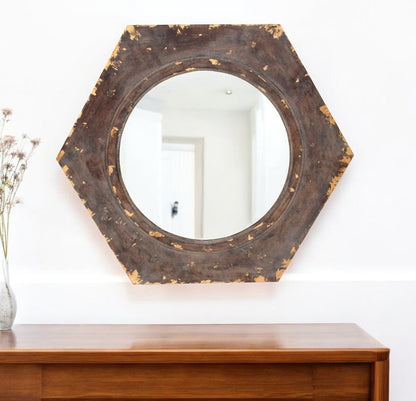 24" Bronze Hexagon Distressed Wood Framed Accent Mirror