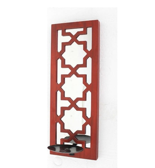 17" Red And Silver Lattice Solid Wood Wall Sconce Candle Holder