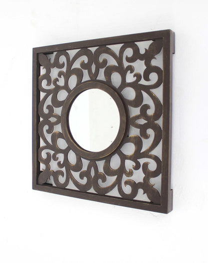 24" Brown Circle In Square Vintage Style Framed Accent Mirror