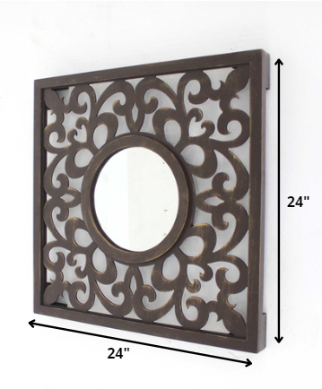 24" Brown Circle In Square Vintage Style Framed Accent Mirror