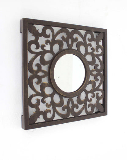 24" Brown Circle In Square Vintage Style Framed Accent Mirror