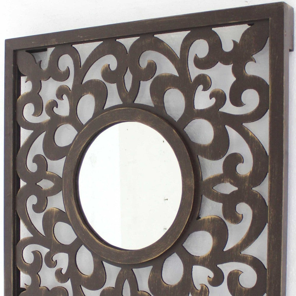 24" Brown Circle In Square Vintage Style Framed Accent Mirror