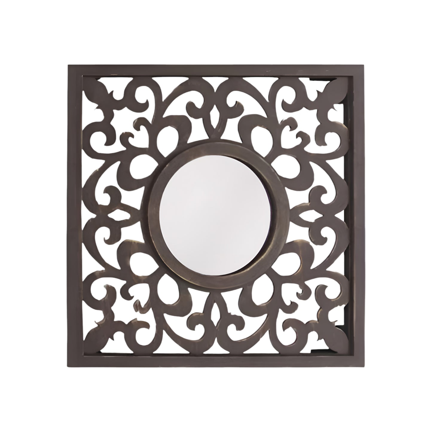 24" Brown Circle In Square Vintage Style Framed Accent Mirror