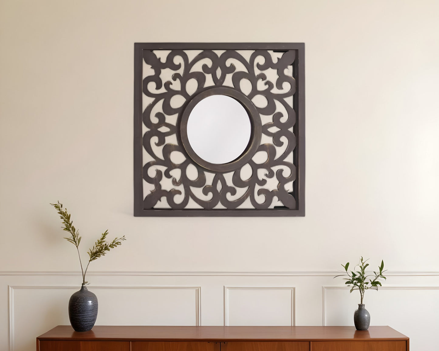 24" Brown Circle In Square Vintage Style Framed Accent Mirror