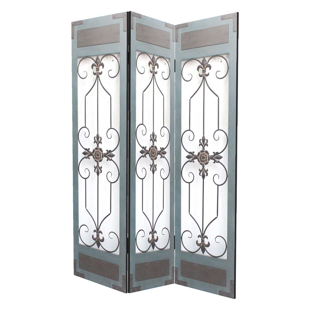 72" Blue Metal Folding Three Panel Screen Room Divider