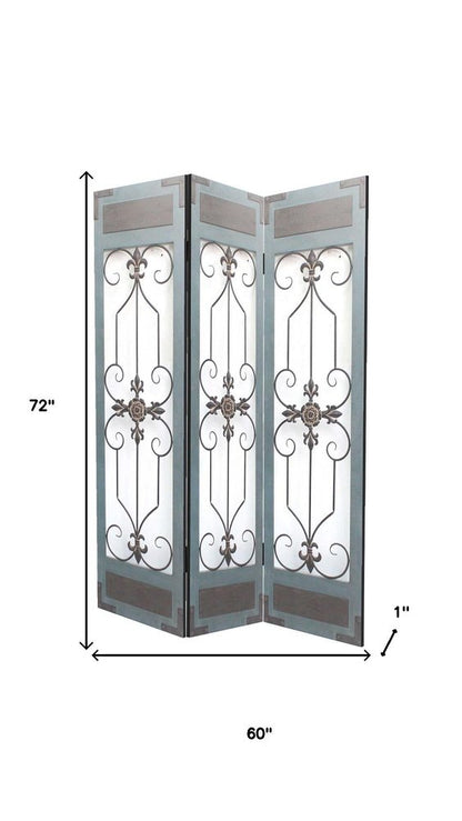 72" Blue Metal Folding Three Panel Screen Room Divider