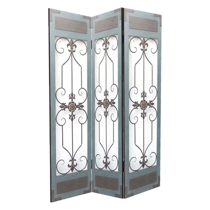 72" Blue Metal Folding Three Panel Screen Room Divider