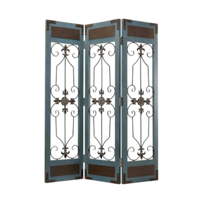72" Blue Metal Folding Three Panel Screen Room Divider