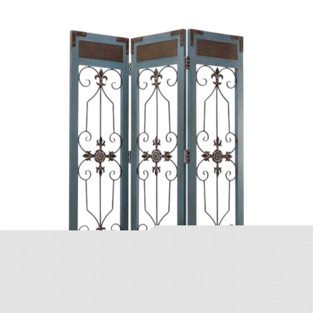 72" Blue Metal Folding Three Panel Screen Room Divider