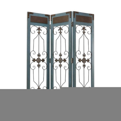 72" Blue Metal Folding Three Panel Screen Room Divider