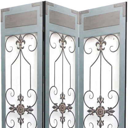 72" Blue Metal Folding Three Panel Screen Room Divider