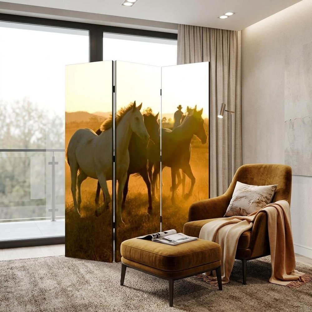 72" Brown and Black Canvas Folding Three Panel Screen Room Divider