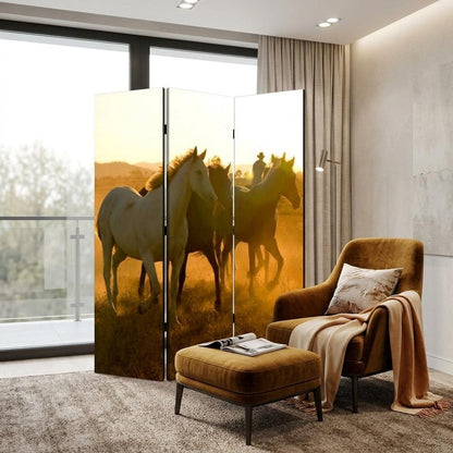72" Brown and Black Canvas Folding Three Panel Screen Room Divider