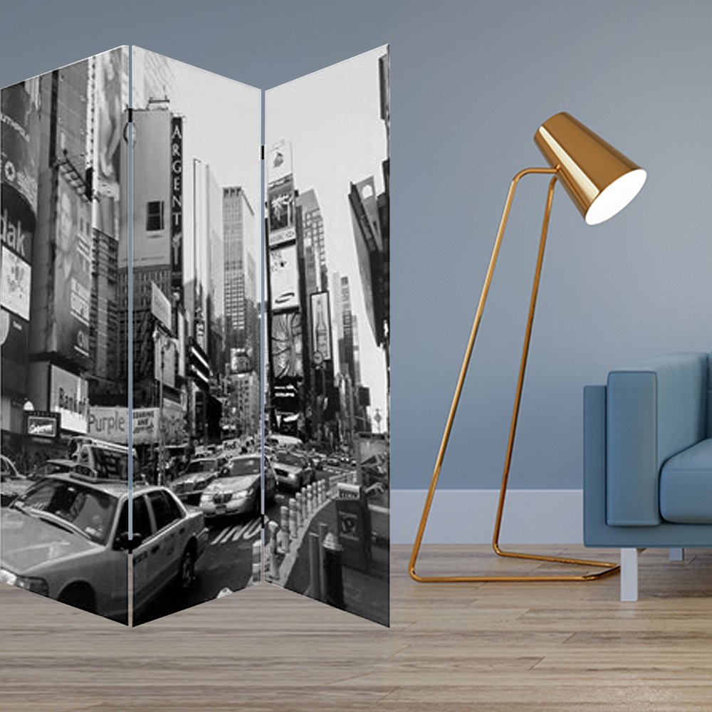 72" Gray Canvas Folding Three Panel Screen Room Divider