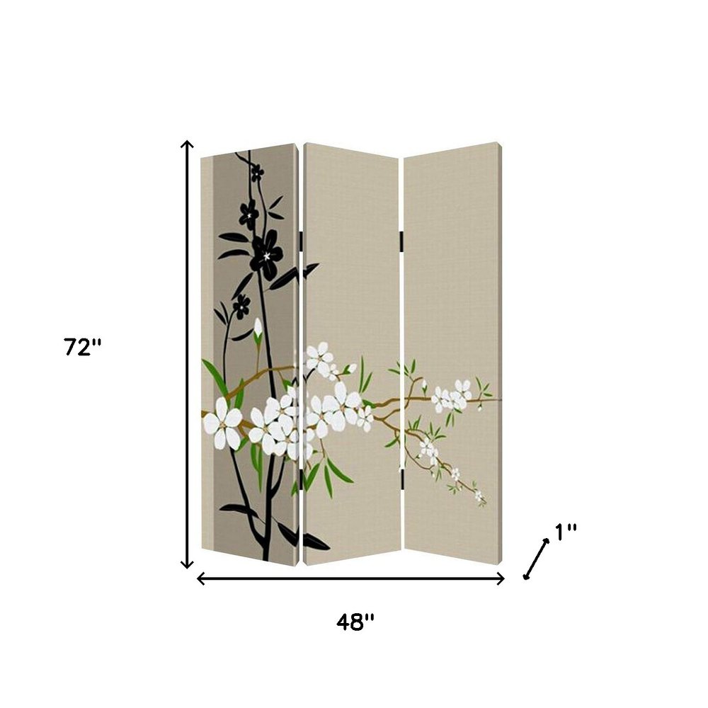 72" Beige Canvas Folding Three Panel Screen Room Divider