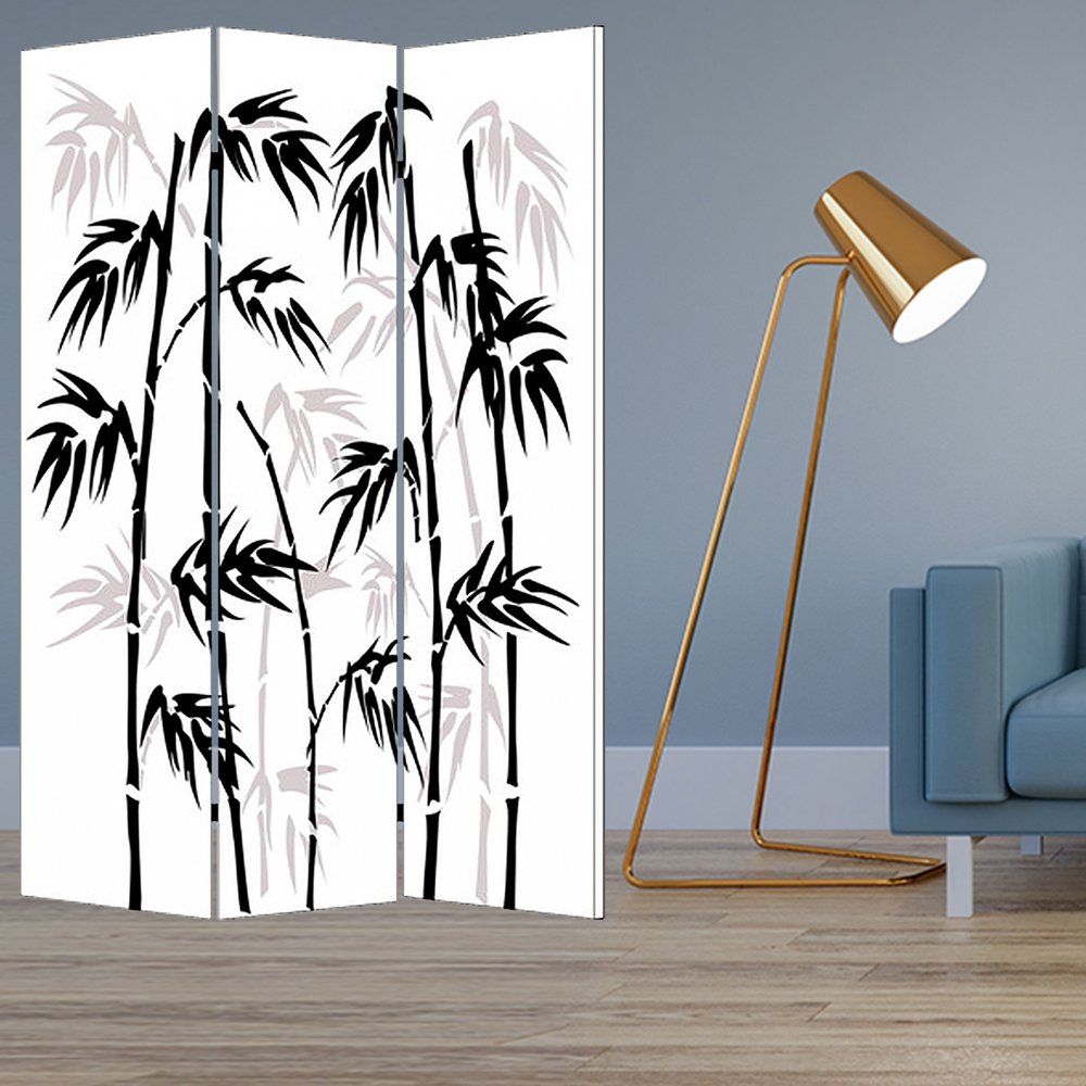 72" Black And White Canvas Folding Three Panel Screen Room Divider