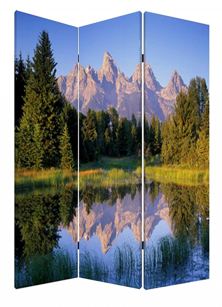 72" Blue And Green Canvas Folding Three Panel Screen Room Divider