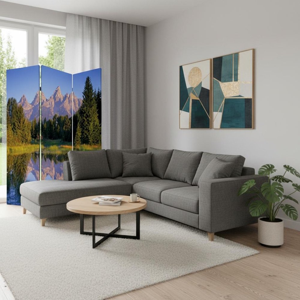 72" Blue And Green Canvas Folding Three Panel Screen Room Divider