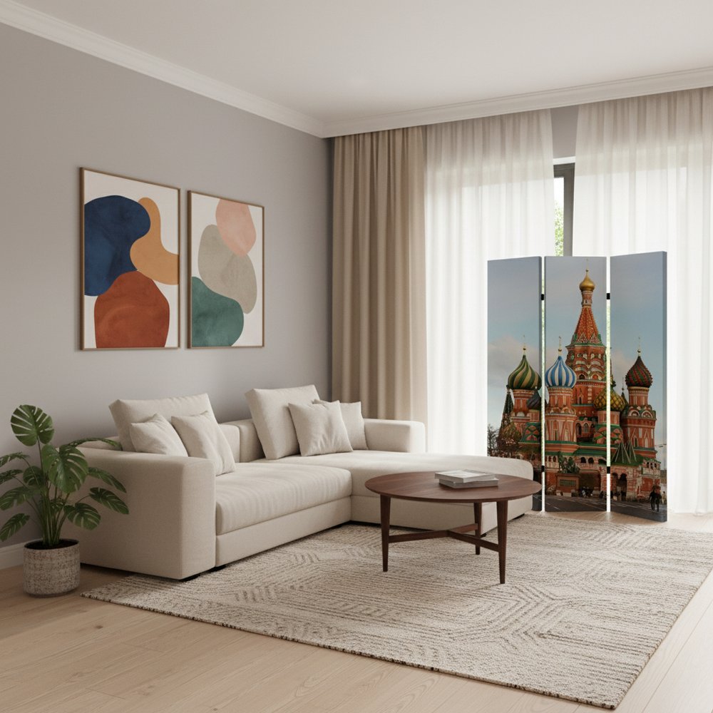 72" Red Blue And Ivory Canvas Folding Three Panel Screen Room Divider