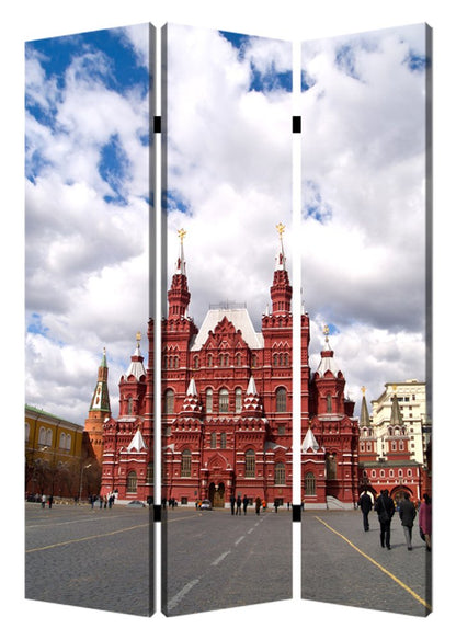 72" Red Blue And Ivory Canvas Folding Three Panel Screen Room Divider