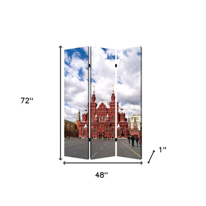 72" Red Blue And Ivory Canvas Folding Three Panel Screen Room Divider