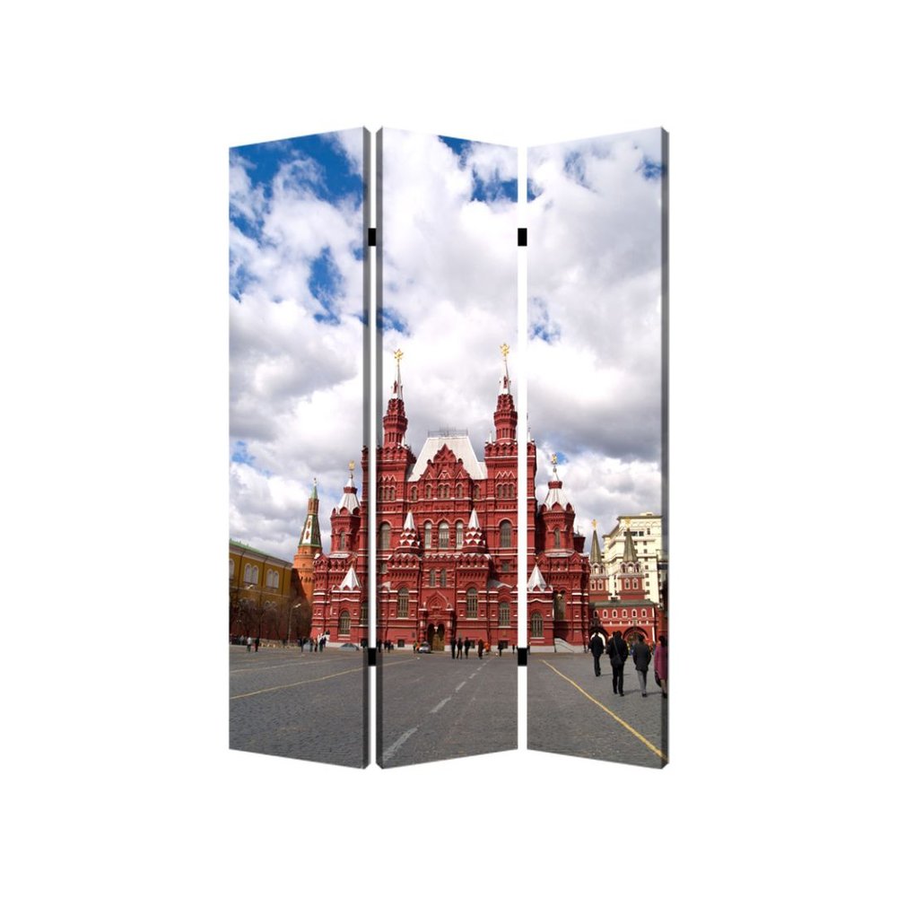 72" Red Blue And Ivory Canvas Folding Three Panel Screen Room Divider