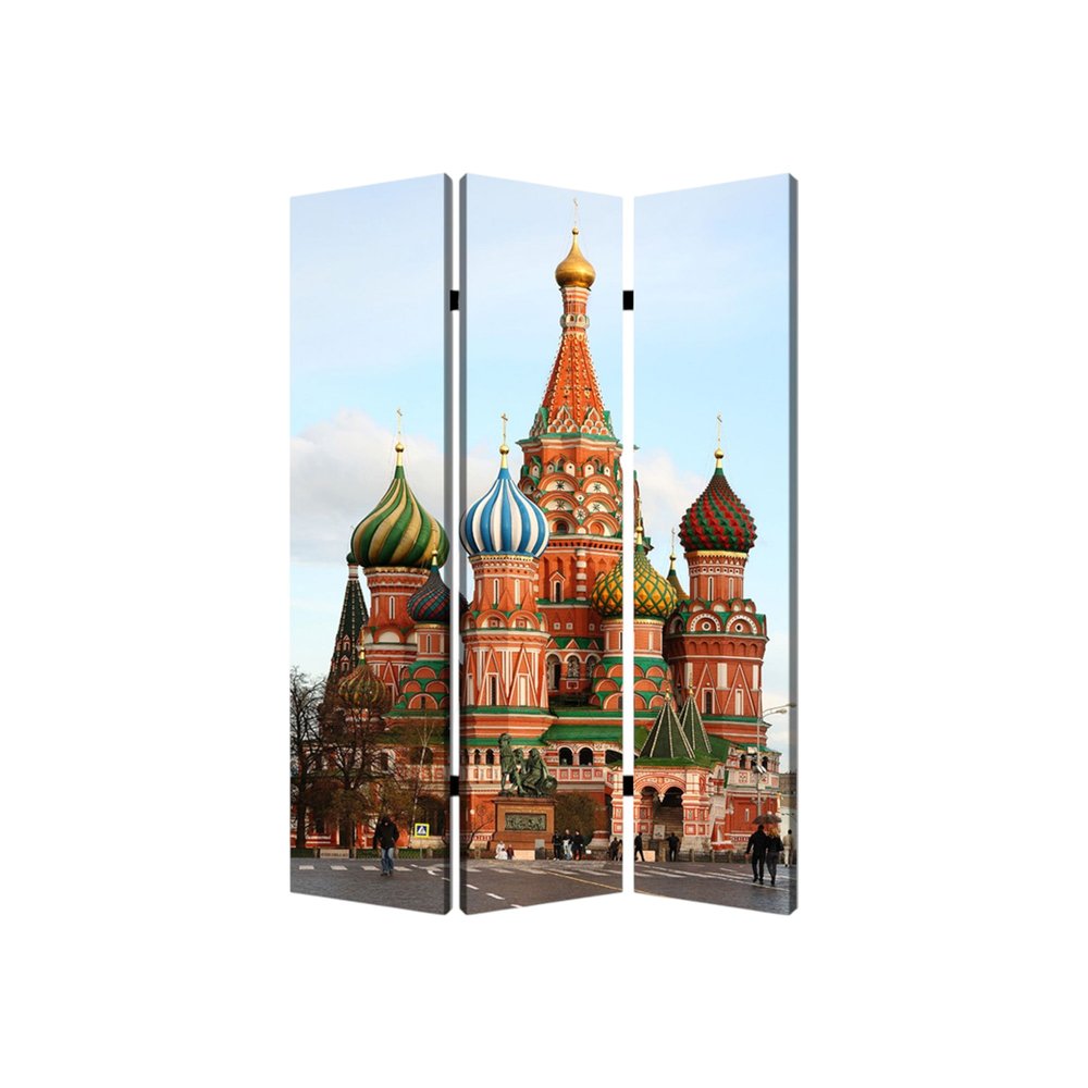 72" Red Blue And Ivory Canvas Folding Three Panel Screen Room Divider