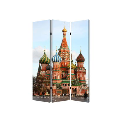 72" Red Blue And Ivory Canvas Folding Three Panel Screen Room Divider