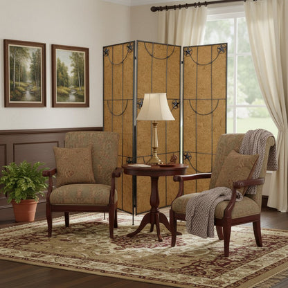 72" Brown Iron Folding Three Panel Screen Room Divider