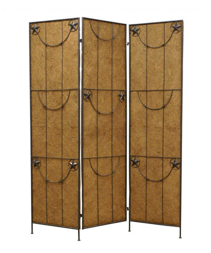 72" Brown Iron Folding Three Panel Screen Room Divider