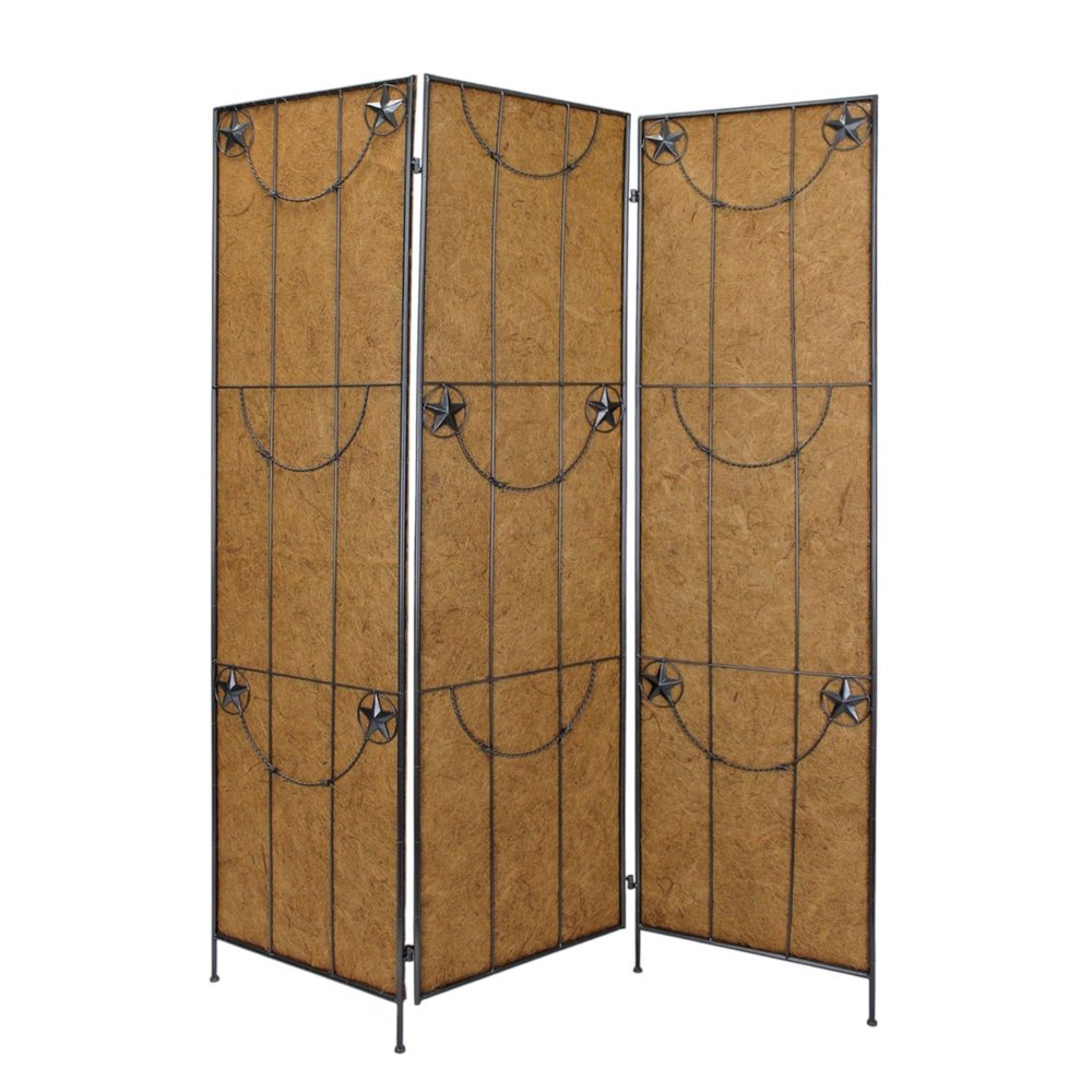72" Brown Iron Folding Three Panel Screen Room Divider