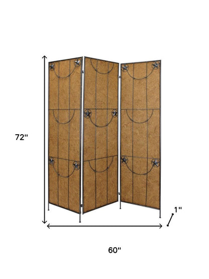 72" Brown Iron Folding Three Panel Screen Room Divider