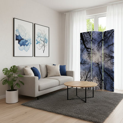 72" Black And Blue Canvas Folding Three Panel Screen Room Divider