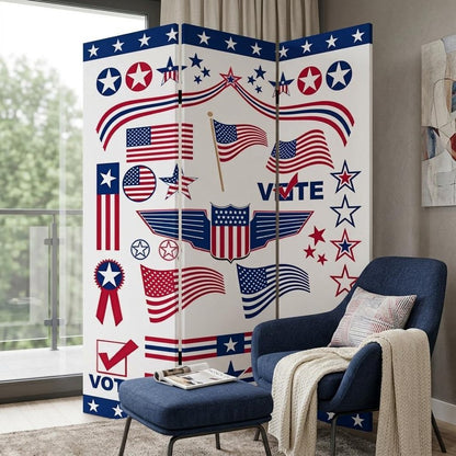 72" Blue and White Canvas Folding Three Panel Screen Room Divider