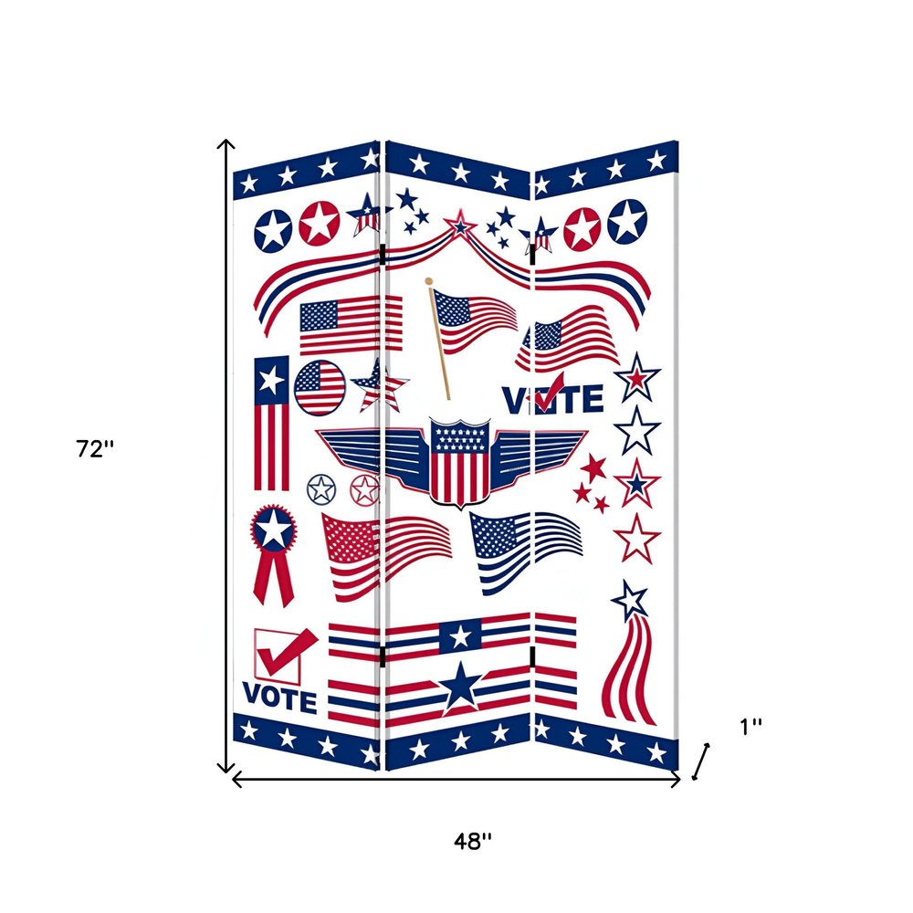 72" Blue and White Canvas Folding Three Panel Screen Room Divider