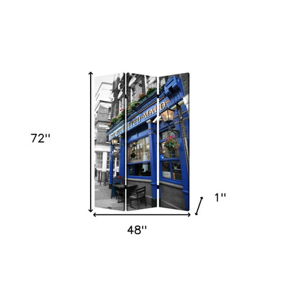 72" Blue And Gray Canvas Folding Three Panel Screen Room Divider