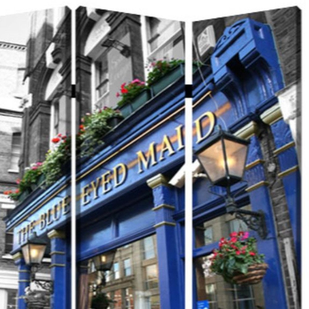 72" Blue And Gray Canvas Folding Three Panel Screen Room Divider