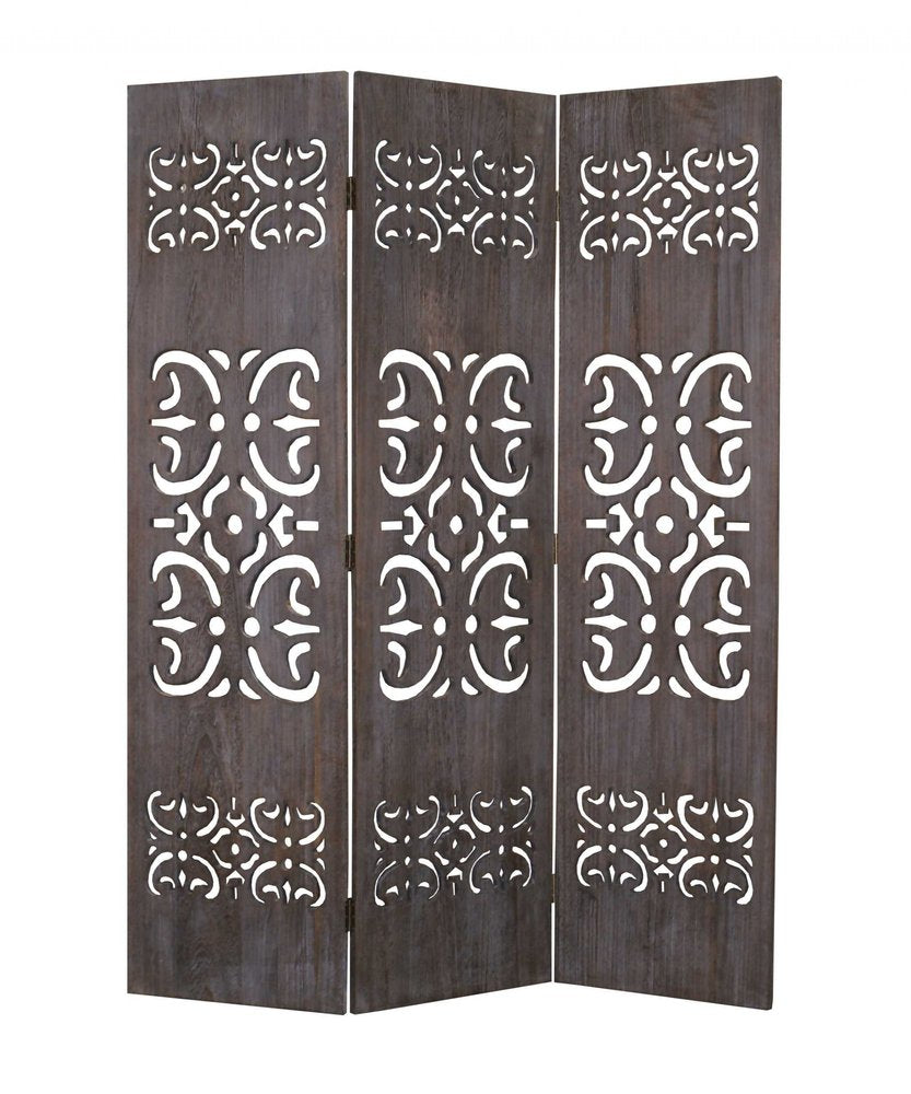 67" Brown Wood Folding Three Panel Screen Room Divider