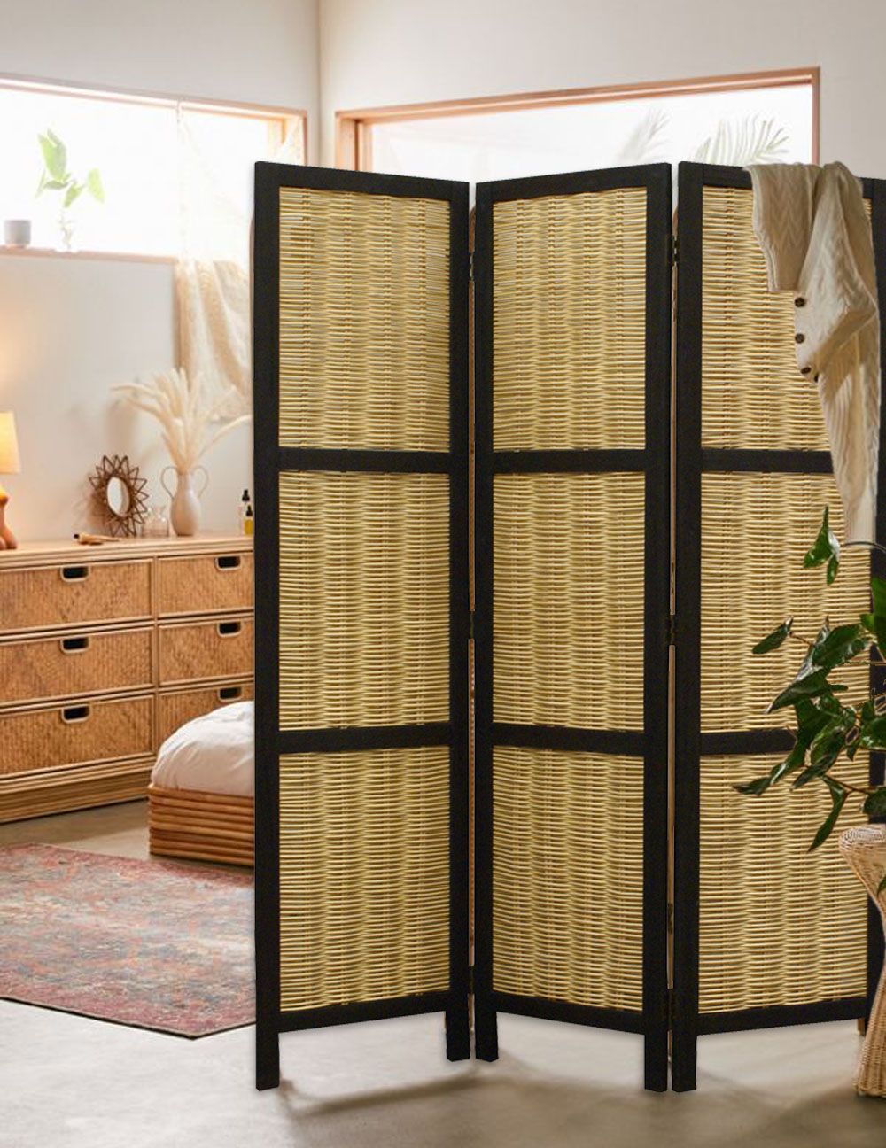 Dark Brown And Natural Willow 3 Panel Room Divider Screen