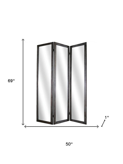 69" Black Wood and Mirrored Glass Folding Three Panel Screen Room Divider