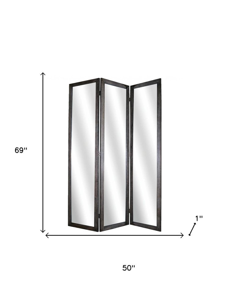 69" Gray Glass Folding Three Panel Screen Room Divider
