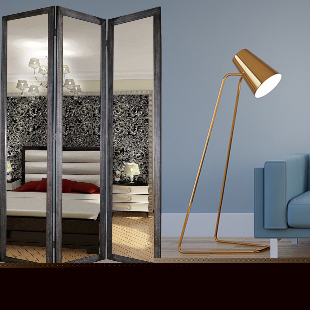 69" Black Wood and Mirrored Glass Folding Three Panel Screen Room Divider