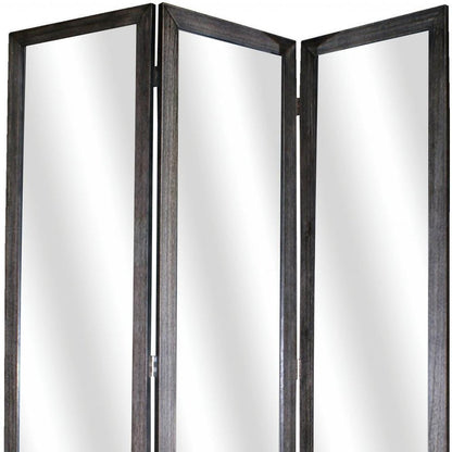 69" Black Wood and Mirrored Glass Folding Three Panel Screen Room Divider